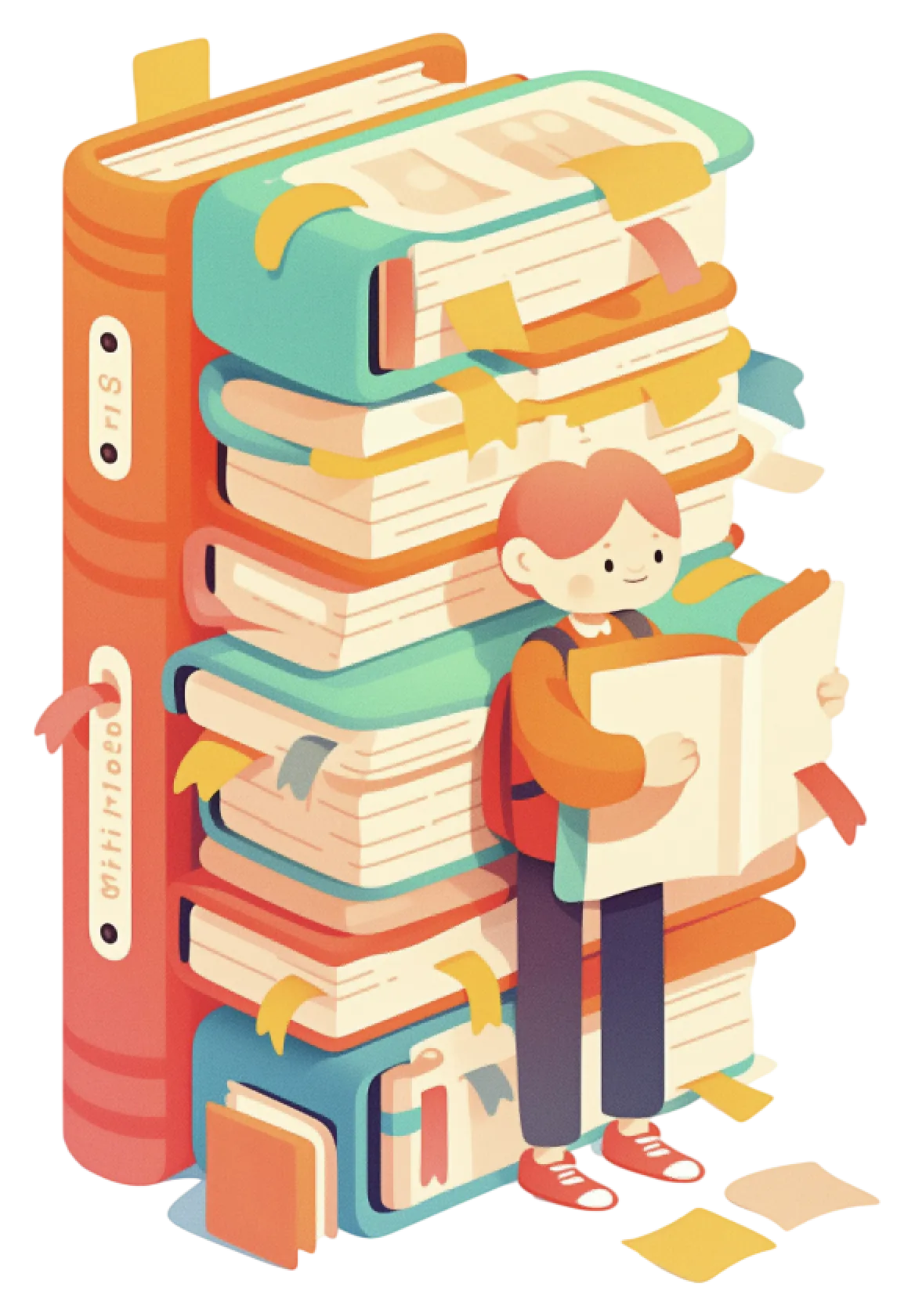 Illustration of a student reading beside a stack of colorful books